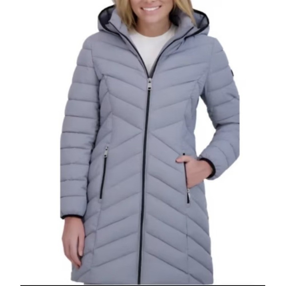 DKNY Women's Full Zip Quilted Hooded Gray Long Winter Puffer Coat Jacket Size S